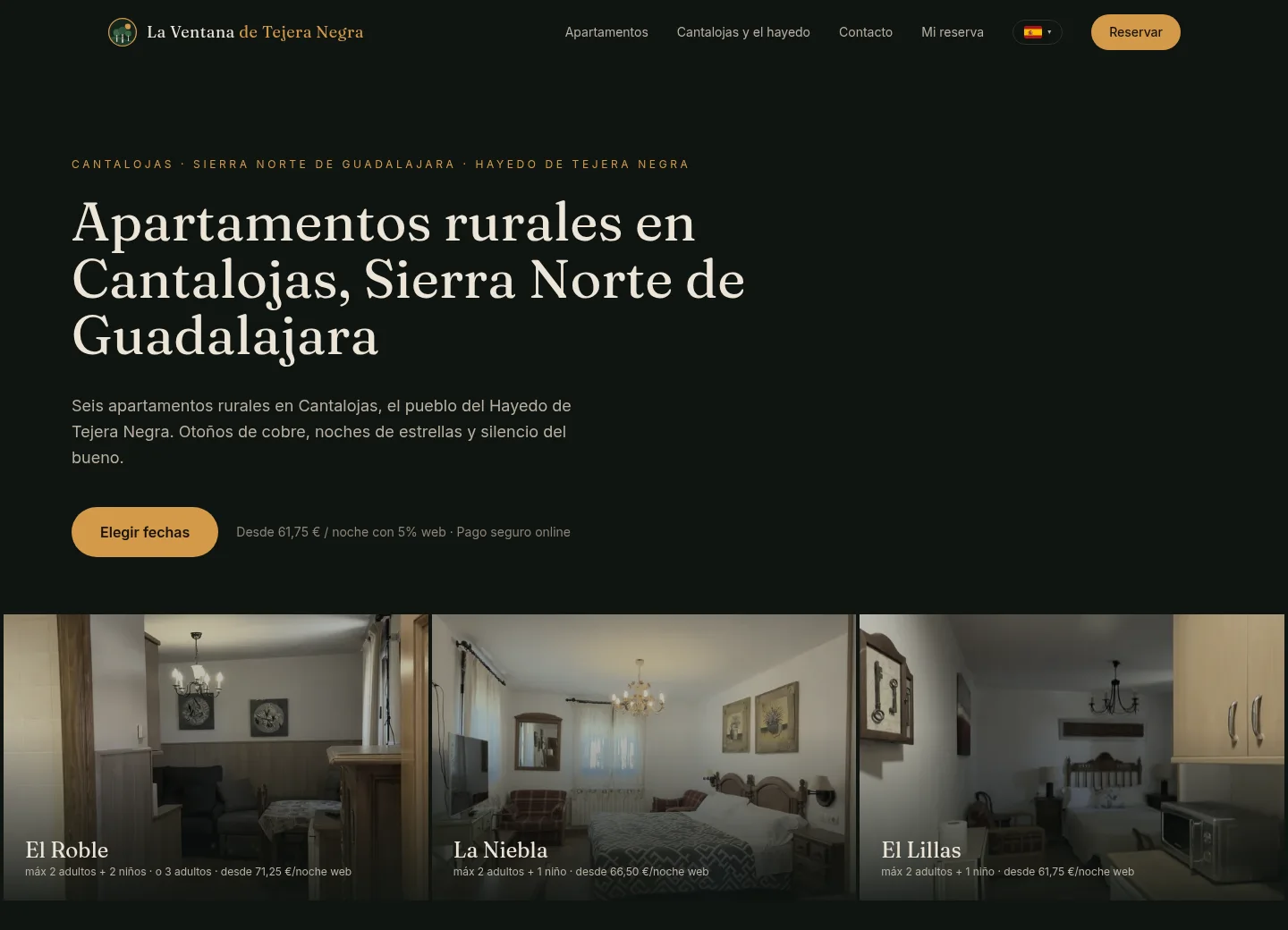 Captura real de la web de La Ventana de Tejera Negra, con su presentación y apartamentos
